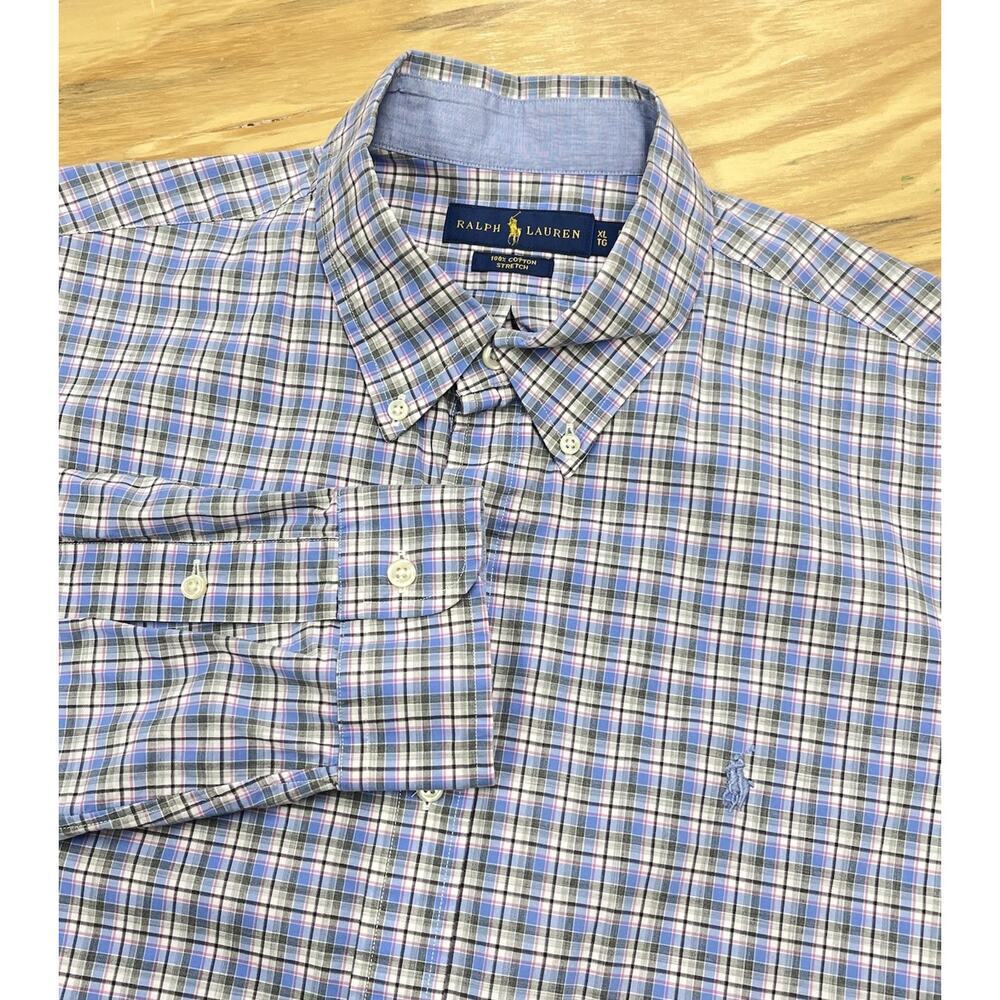 Ralph Lauren Colorful Blue Plaid Stretch Shirt Oxford Button Down Size XL Preppy